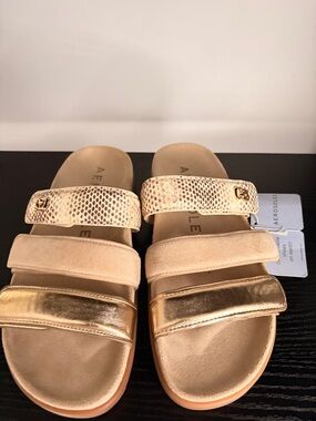 NWT AEROSOLES Metallic Gold and Beige Triple-Strap Slide Sandals